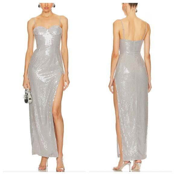SAU LEE Opal Silver Gray Sequin Gown Bustier Sweetheart Dress US 0 NWT - Picture 1 of 7